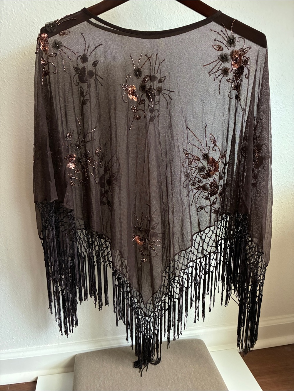 Embellished Fringe Sheer Shawl - Brown with Copper Accents